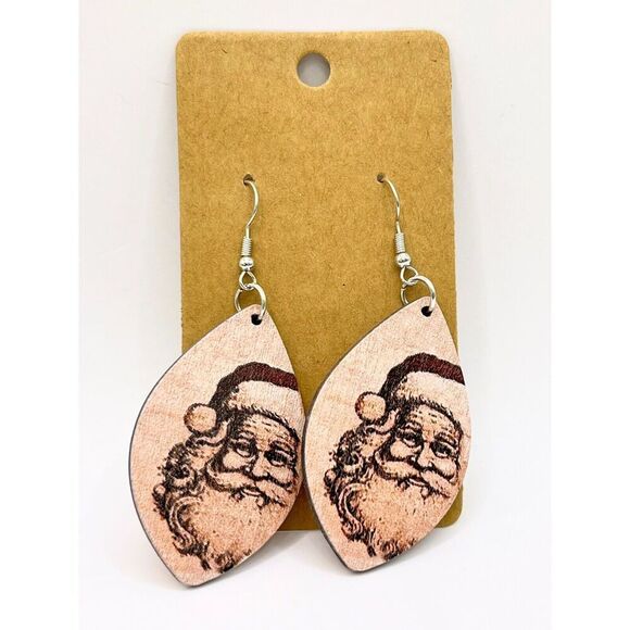 Jolly Santa Wooden Dangle/Drop Earrings Holiday/Winter Lightweight Wood 1.25x2" - Picture 1 of 3